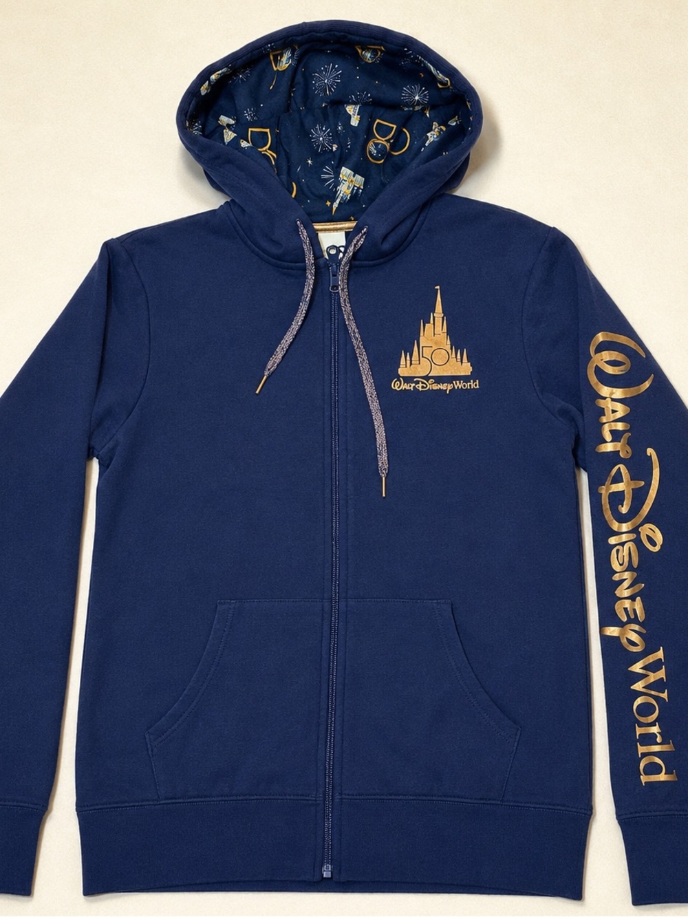 Disney World 50th Anniversary Castle Zip Hoodie Navy Gold XS